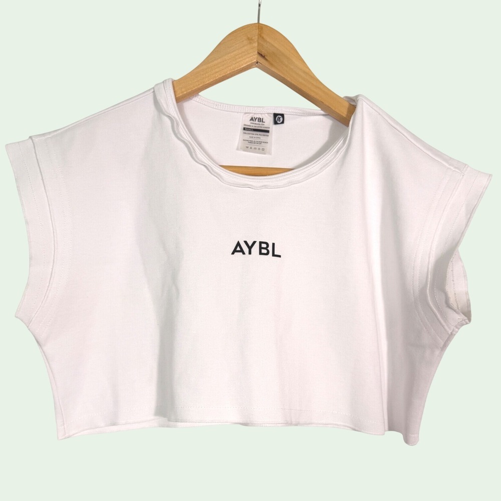 AYBL Women White Cropped Muscle Tank Top Logo Boxy Sleeveless Small